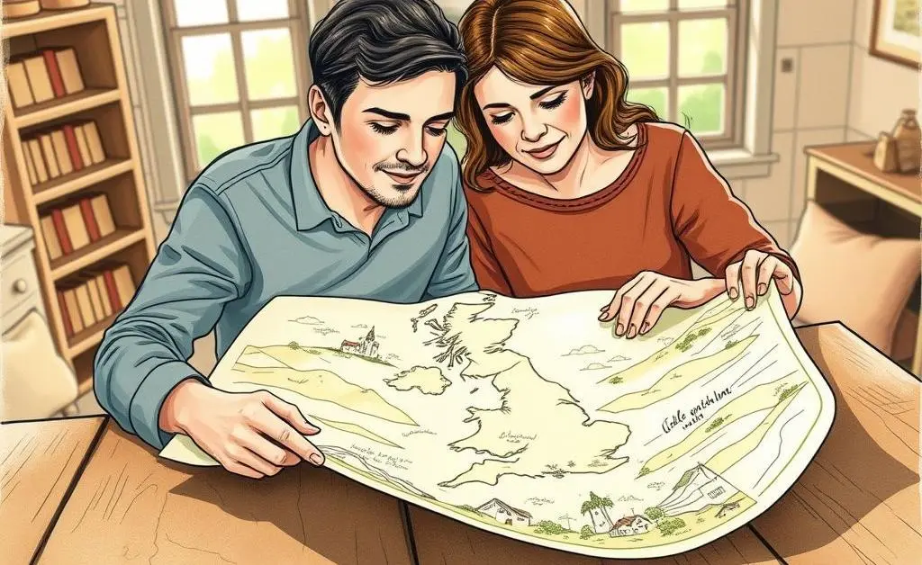 A couple looking at a map of the UK deciding on a location for a second home.