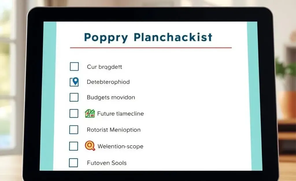 A checklist with items like budget, neighborhood, future needs, and renovation scope