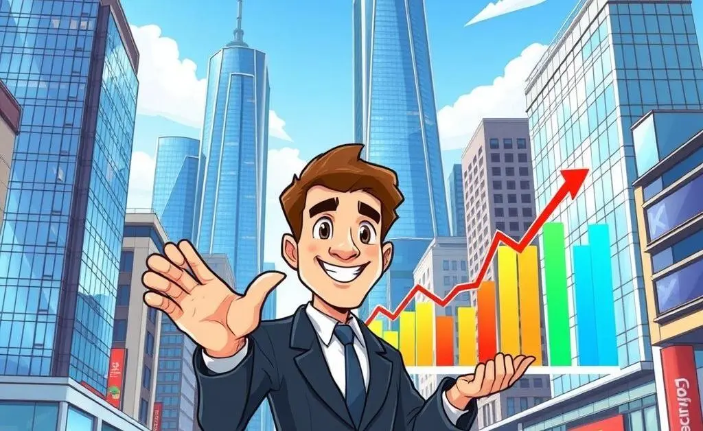 A cartoon depiction of an investment banking career with skyscrapers and a financial chart