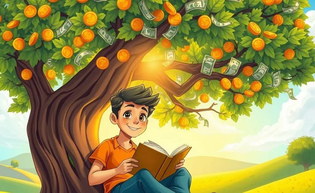 A person reading under a tree, symbolizing growing money.