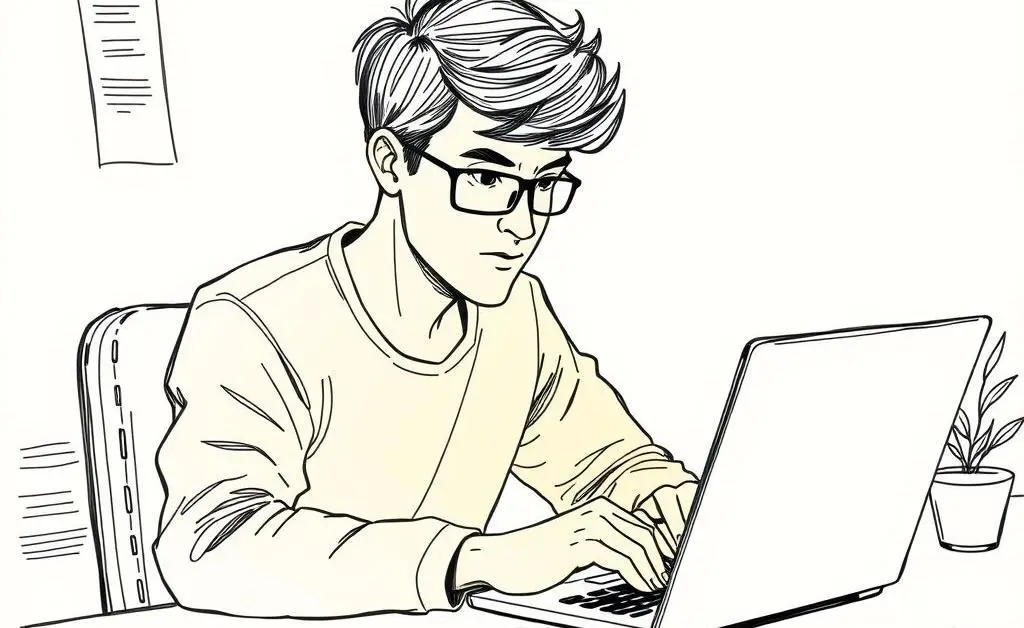 Hand-drawn image of a person calculating finances with a laptop and a cup of coffee.