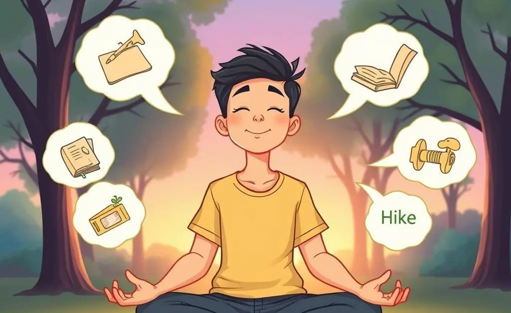 Cartoon-style drawing of a person meditating with thought bubbles showing different hobbies and passions.