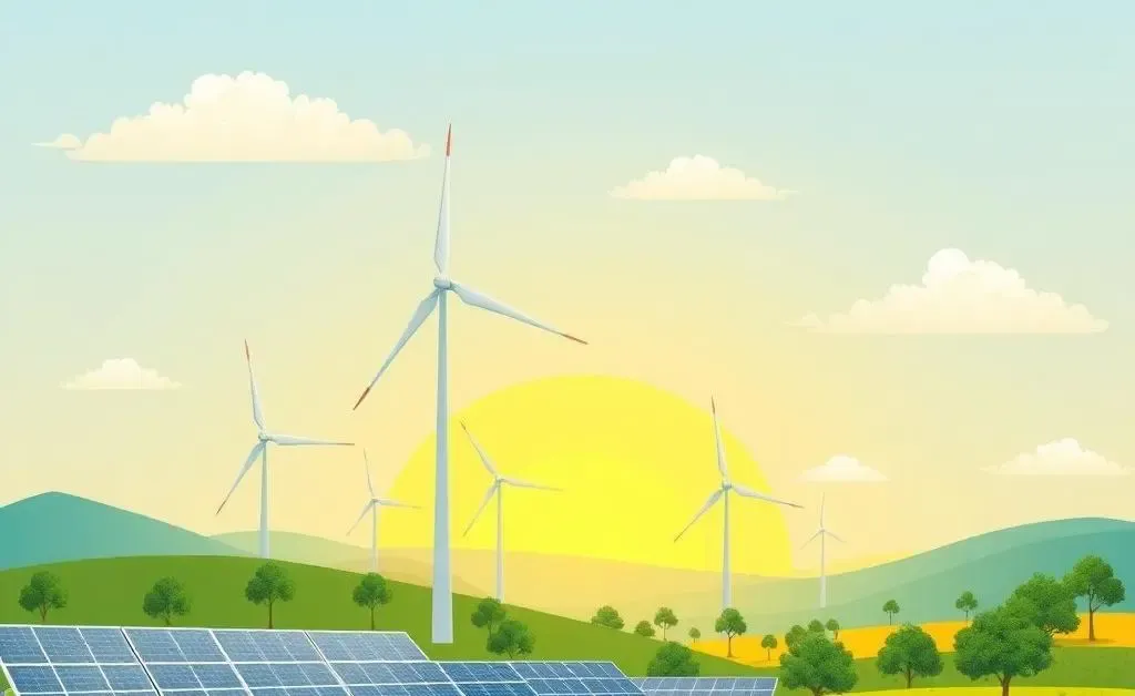 Renewable energy illustration with wind turbines and solar panels