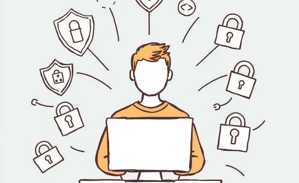 A hand-drawn style image of a person on a computer with various privacy tools surrounding them like shields, locks, and keys.