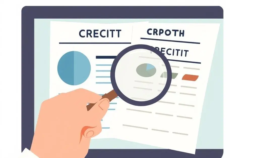Illustration of a person examining a credit report with a magnifying glass.