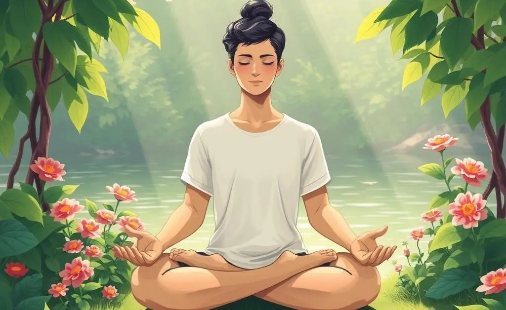 Cartoon of someone peacefully meditating amidst a noisy neighborhood