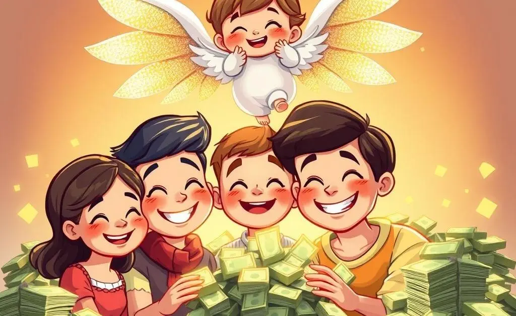 A happy family with stacks of money; a cartoon angel representing protection hovers above