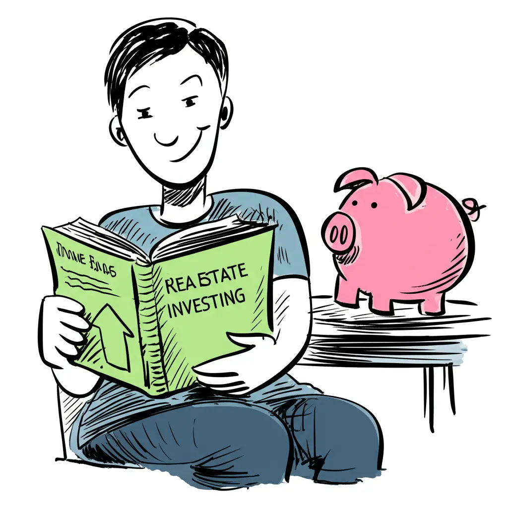 Person researching real estate beside a piggy bank