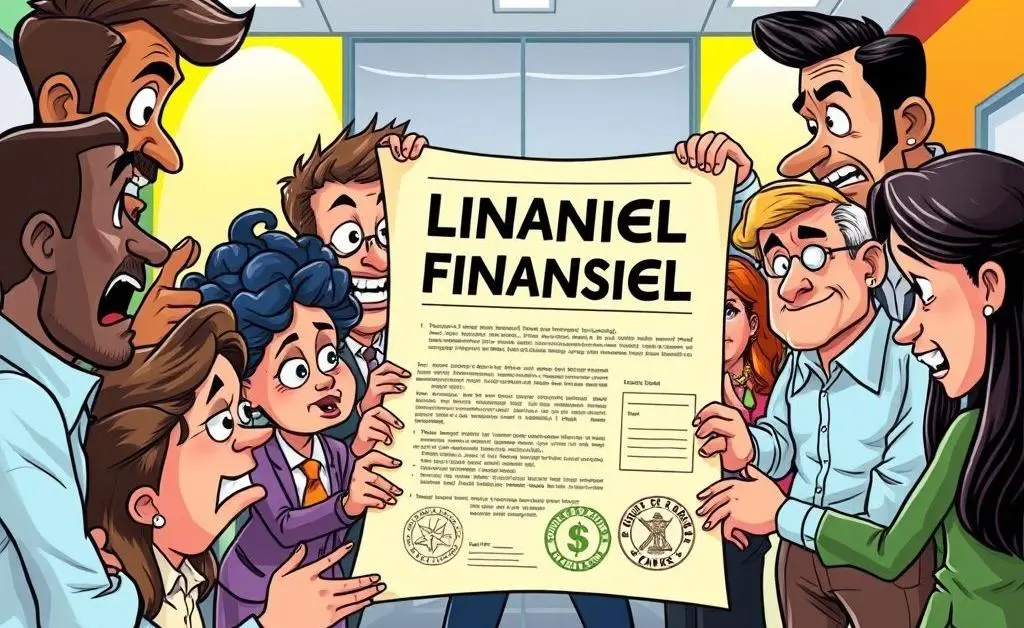 Cartoon people debating over a financial legal document