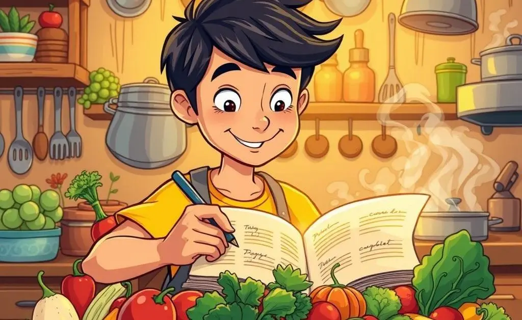 A person writing in a recipe book with ingredients