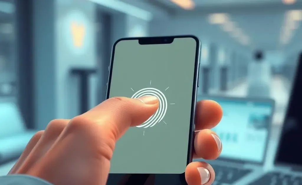 An illustration of a person enrolling their phone for biometric security, showing a fingerprint icon on the screen.