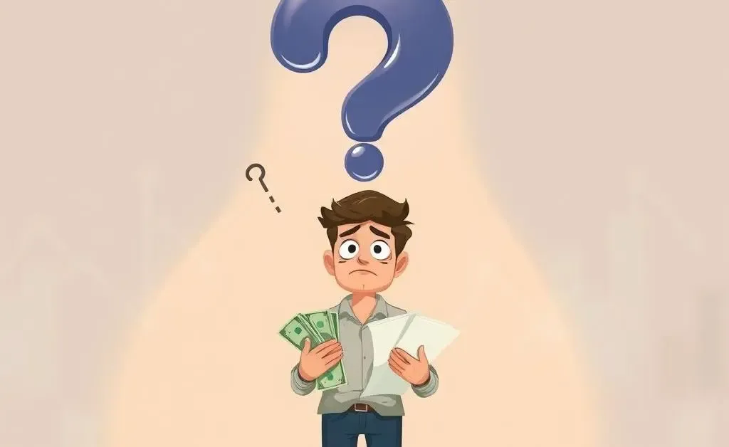 Illustration of a confused person with a giant question mark overhead holding money and investment papers