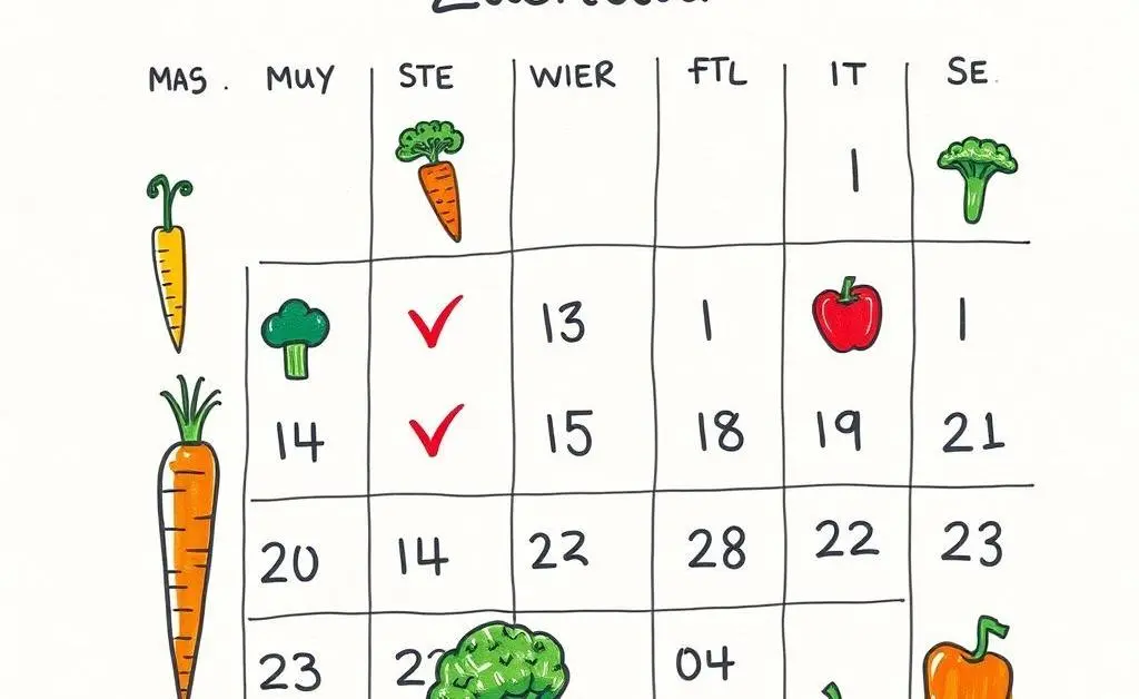 Illustrated calendar with doodles of vegetables and check marks