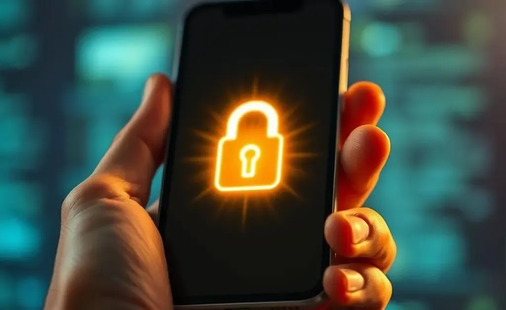 A hand holding a smartphone with a glowing lock icon on the screen.