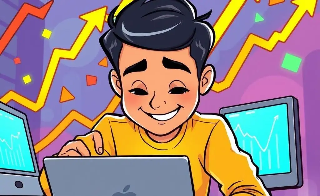 Cartoon-style depiction of a person researching on a laptop with stock graphs in the background