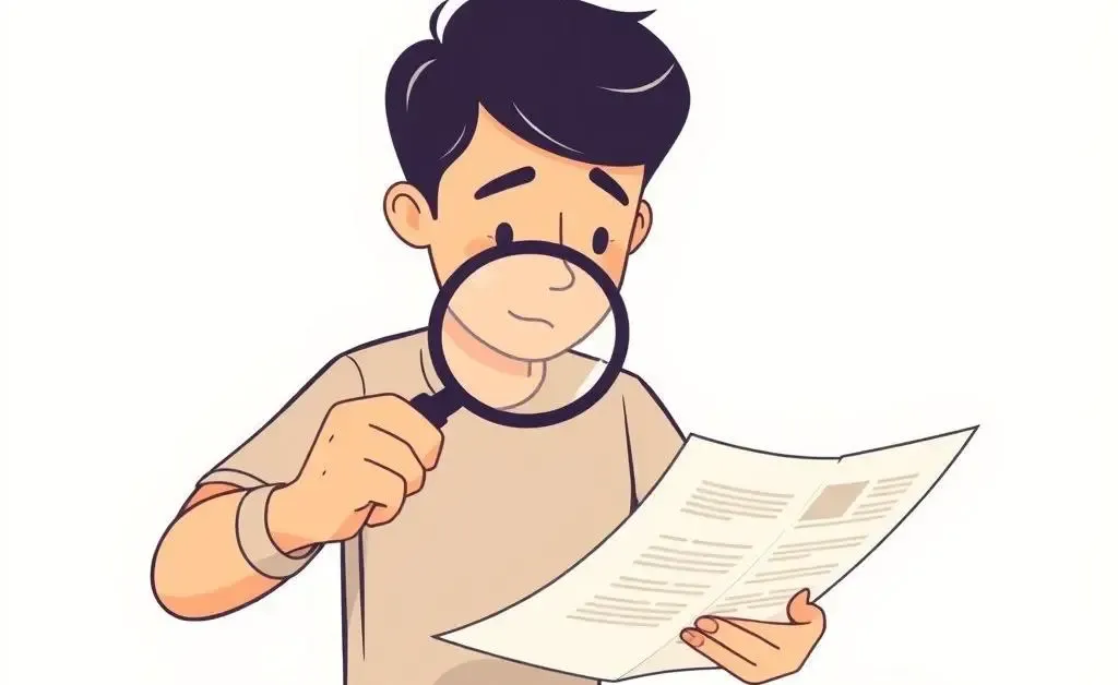Minimalist cartoon of a person with a magnifying glass examining mortgage documents