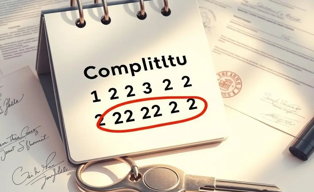 A calendar with a circled completion date, surrounded by contract documents and a house key.