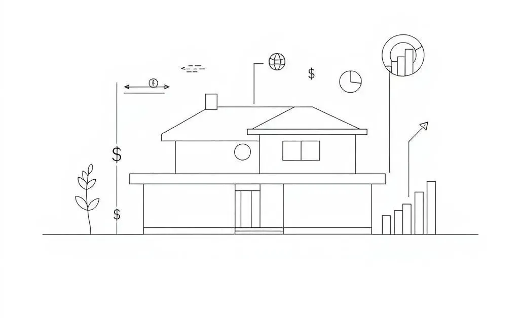 A minimalist blueprint with simple house drawings and financial symbols like dollar signs and graphs.