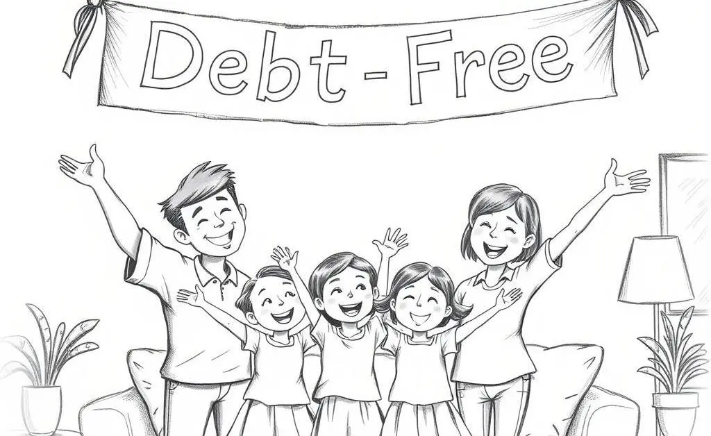 A family celebrating with a 'Debt-Free' banner in the background.