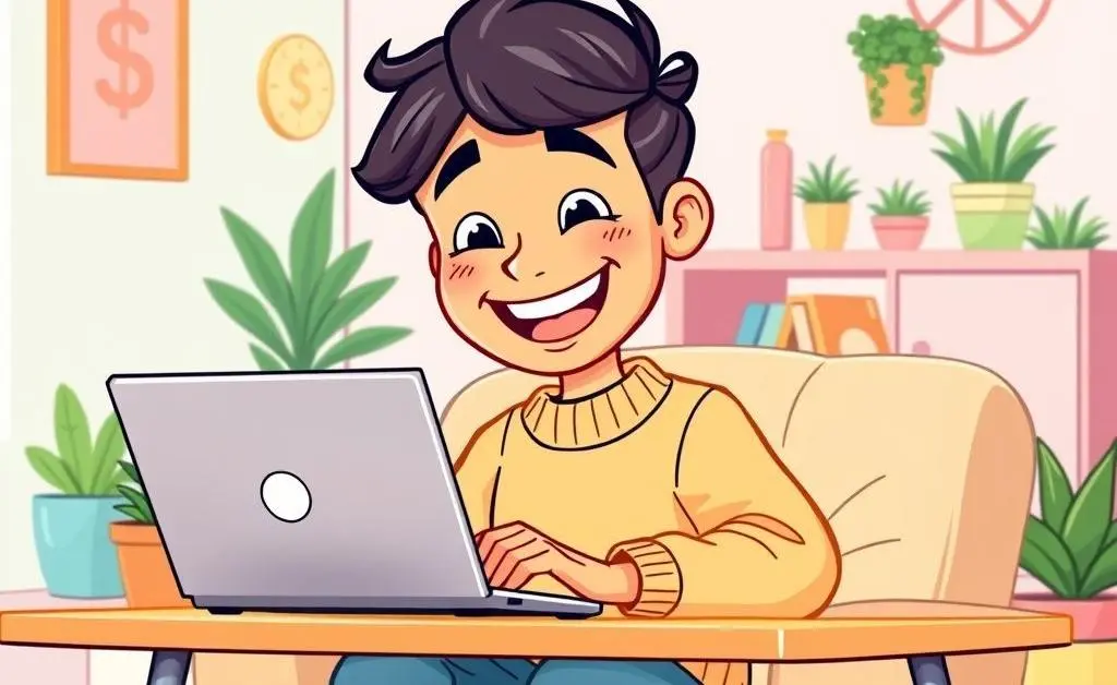 Cartoon-style drawing of a person happily checking their savings account online.