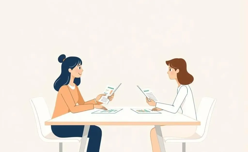 A minimalist cartoon of two people discussing financial documents at a table