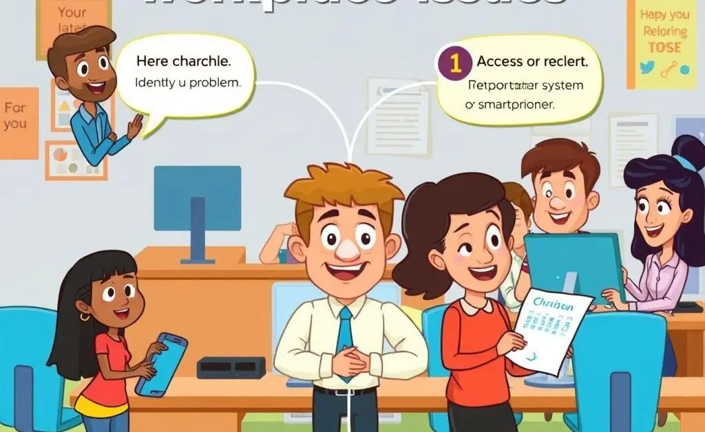 Cartoon-style diagram showing steps to report workplace issues.