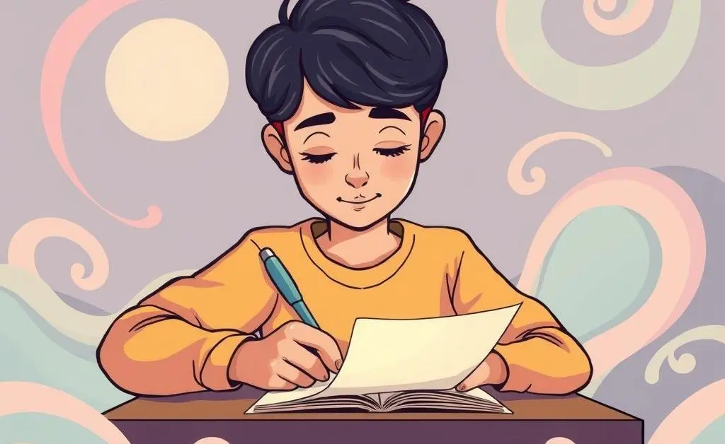 A person writing a letter with abstract designs around them.