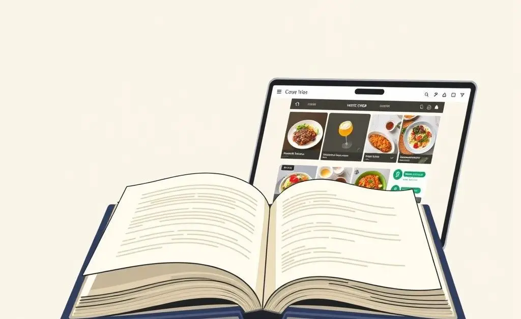 Open recipe book next to a laptop with cooking websites