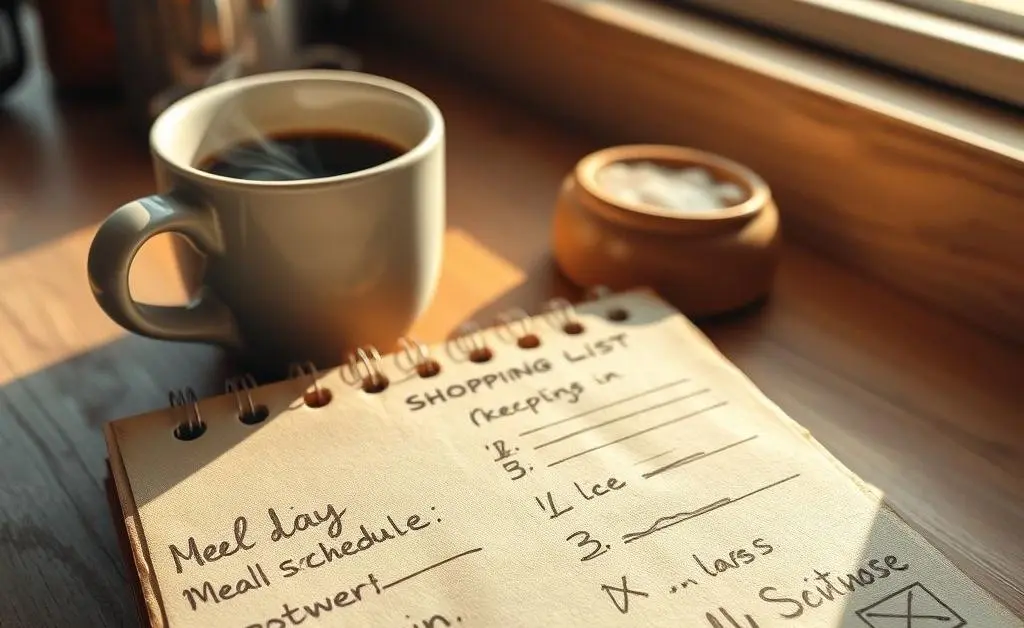 A handwritten meal plan and shopping list on a notepad beside a cup of coffee.