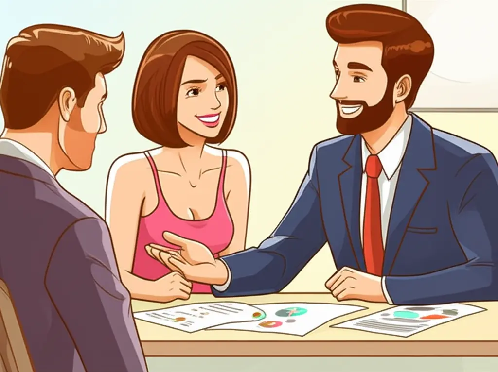 Cartoon image of a professional advisor discussing mortgage options with a couple.