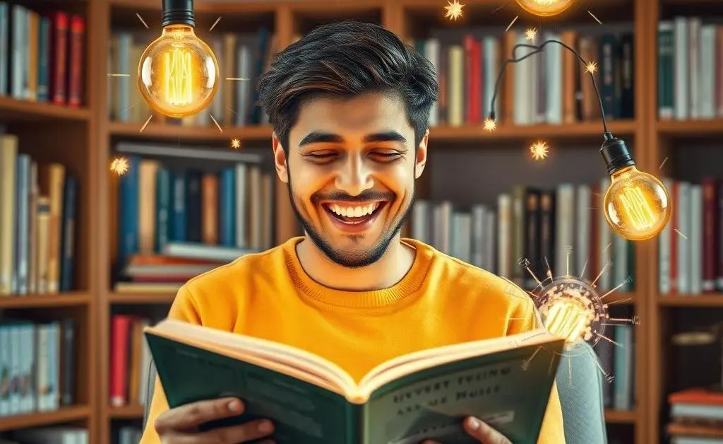 A person happily reading an investment book, with lightbulbs and ideas popping around them.