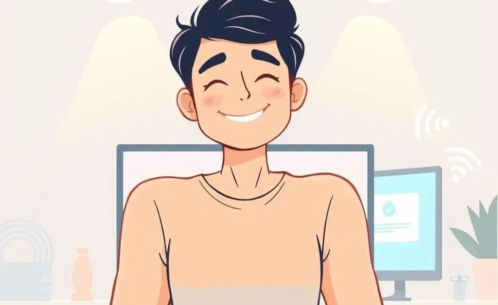 A person feeling relieved and happy after reporting something online.
