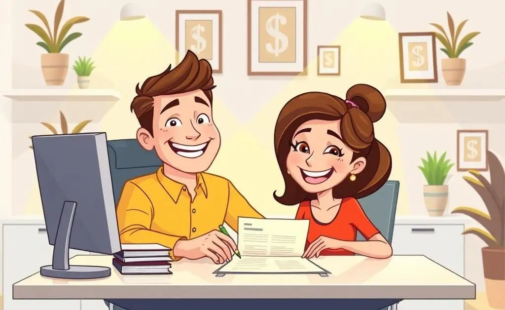 Happy couple signing a mortgage document in a clean and organized office