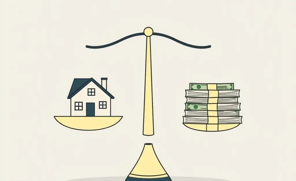 Modern minimalist drawing of a balance scale with a house on one side and stacks of money on the other.
