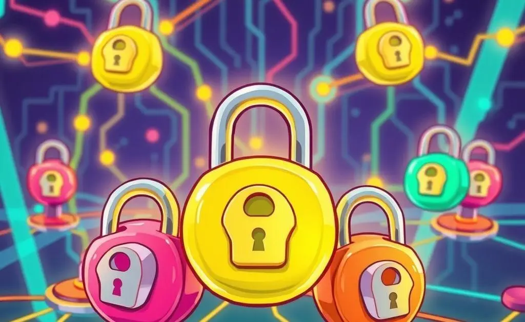 Cartoon network with padlocks on data nodes, symbolizing secure data networks.