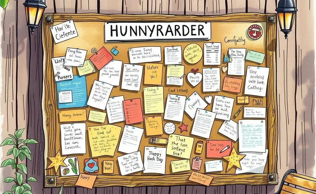 A community notice board filled with friendly notes and messages.