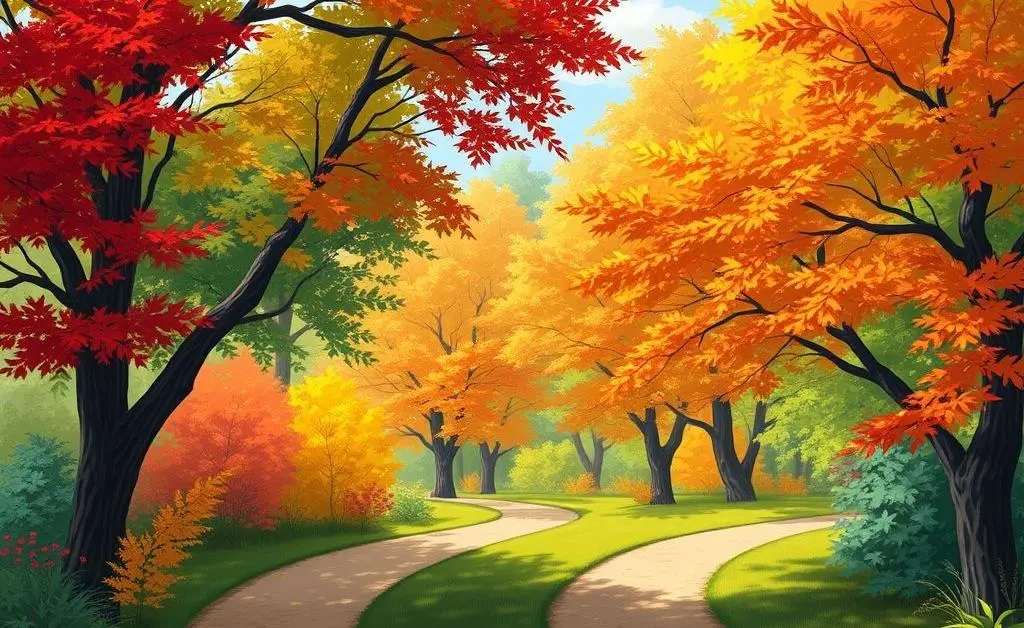 Two paths merging into one peaceful road surrounded by colorful trees