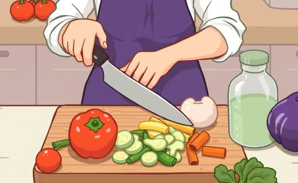 A cartoon-style image of a person preparing ingredients for a meal