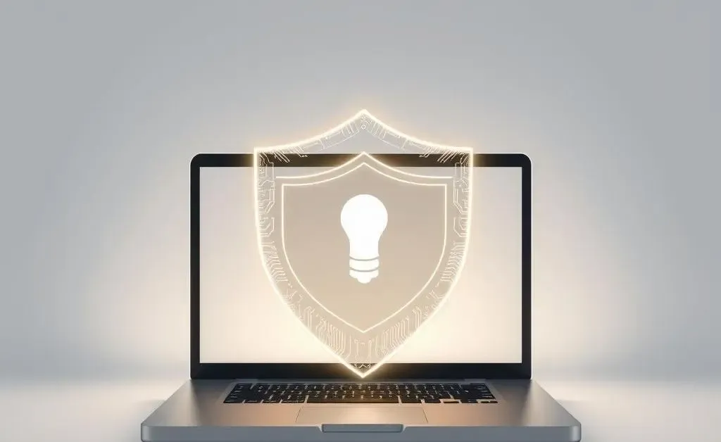 A minimalist illustration of a digital shield protecting a laptop from scam attempts.