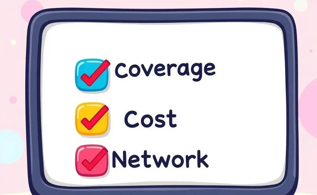 Checklist with 'Coverage', 'Cost', and 'Network' items ticked.