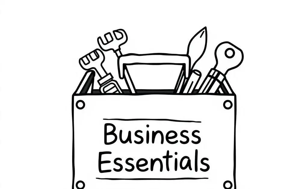 A minimalist drawing of a toolbox labeled 'Business Essentials' with tools popping out.