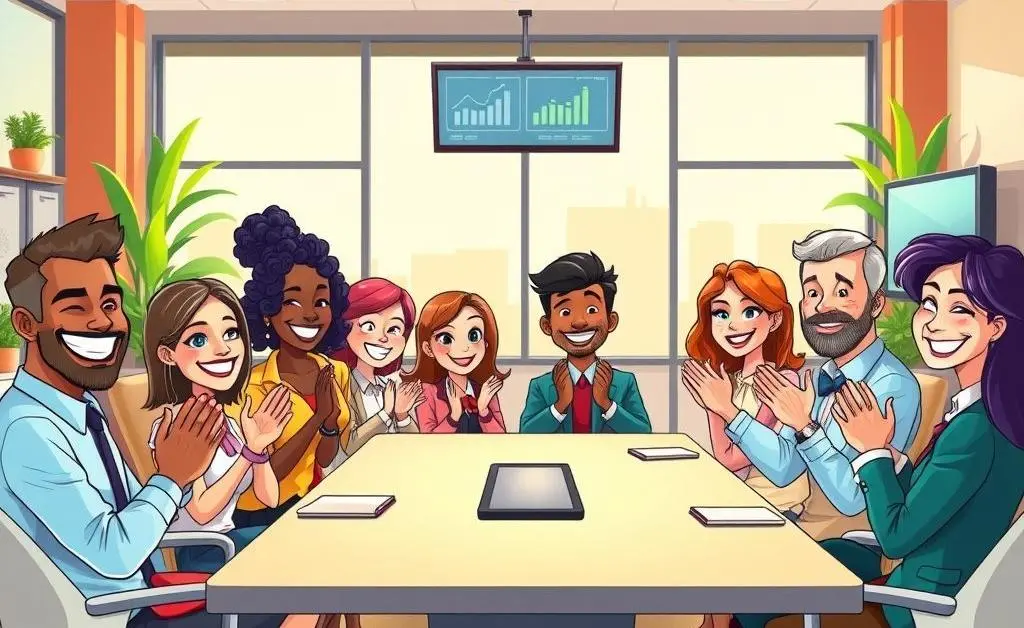 A cheerful office meeting scene with diverse cartoon characters clapping.