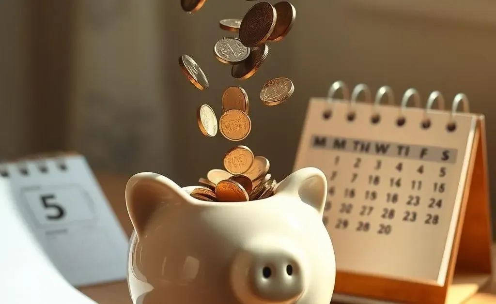 A piggy bank with coins falling into it next to a calendar