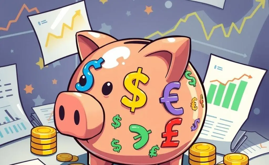 A cartoon-style image of a piggy bank filled with different currency symbols surrounded by financial documents.