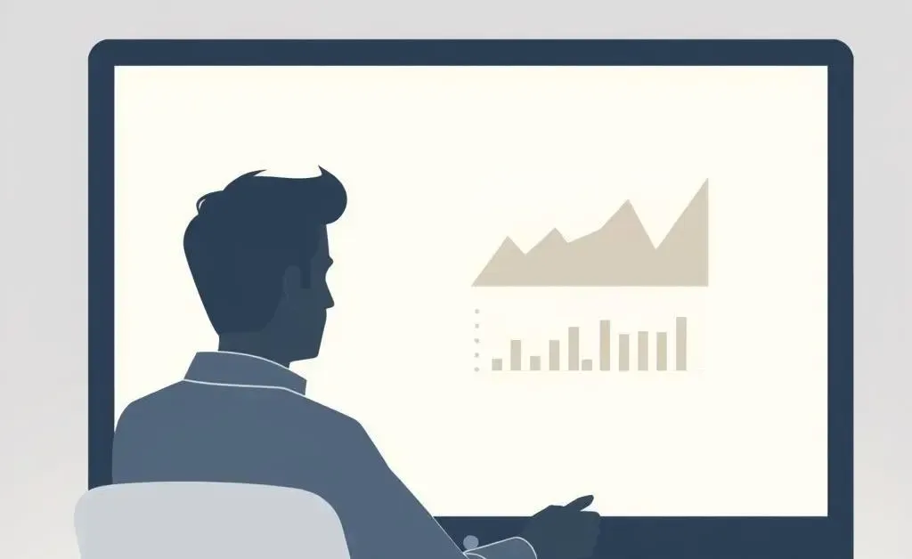 Minimalist illustration of a person analyzing stock market graphs on a computer.