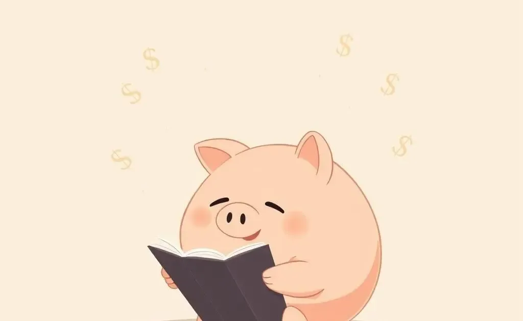 Piggy bank reading a financial book