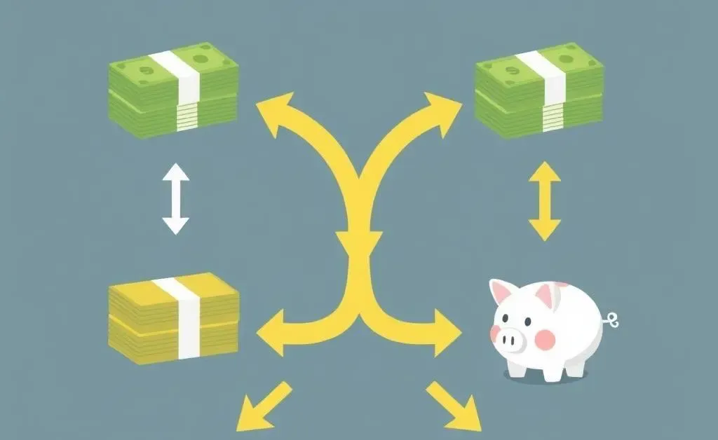 Simple cash flow diagram with arrows and piggy banks