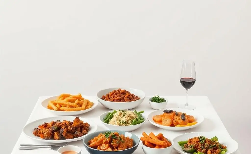 A minimalist image showing a table set for a dinner with a variety of home-cooked dishes.