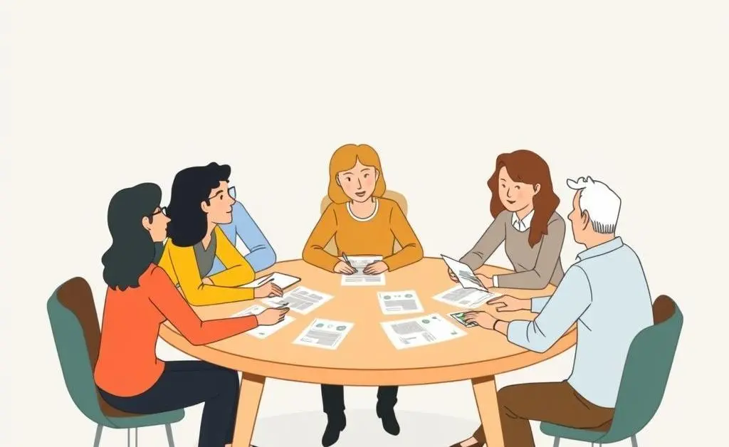Minimalist cartoon of a diverse group of people discussing financial plans around a table.