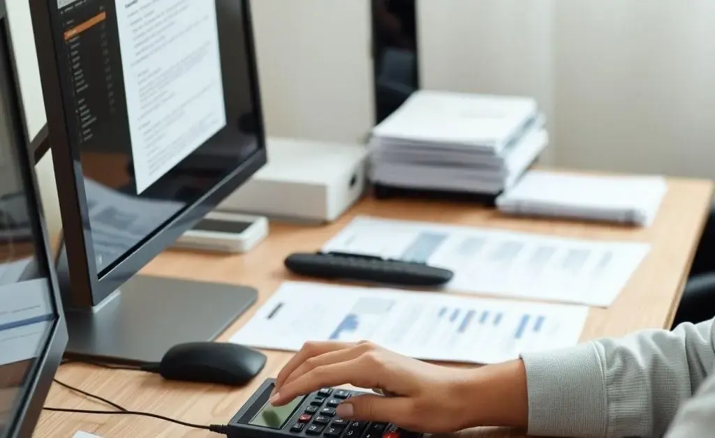 An image of a person at a computer desk, with papers and a financial calculator.